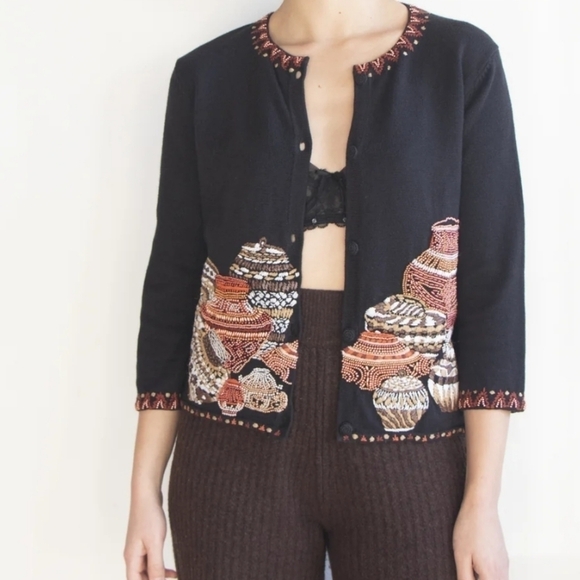 Michael Simon Sweaters - Michael Simon New York Jar Pot Beaded Embroidered Button Down Cardigan L